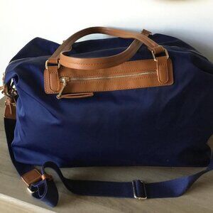 Miztique Navy Nylon Weekender Travel Bag with Tan Vegan Leather Handles and Trim
